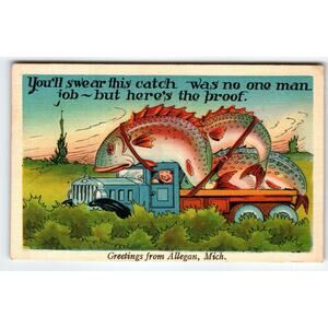 Giant Fish Truck Allegan Michigan Linen Postcard Comical Fishing Humor 1942